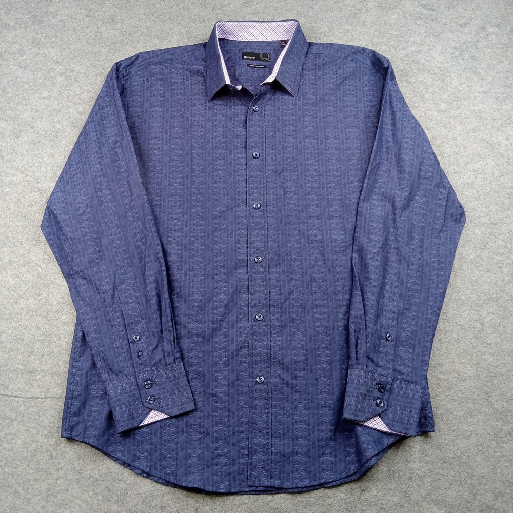 QUIETI Shirt Mens XL Blue Geometric 100% Cotton‎ Jacquard Dress Long Sleeve